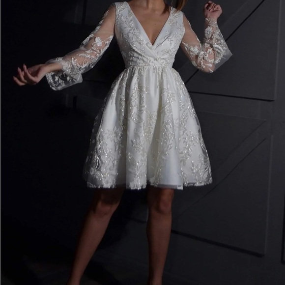 Olivia Bottega Elegant White Glitter Floral Short Wedding Dress - Picture 2 of 5